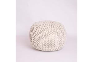 EXQUIZIT HOME Knitted Round Pouffe Foot Stool Ottoman Large 100% Cotton Chunky Moroccan 50cm Pouf COLOUR CREAM