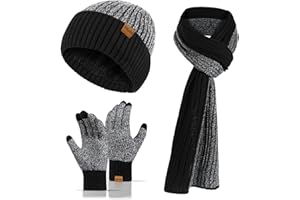 QKURT Men’s Beanie Gloves Scarf Set, 3 in 1 Winter Thermal Hat Gloves Neck Warmer Set Thick Fleece Touchscreen Glove Knitted Cap Cold Weather Accessories Sets for Men Women