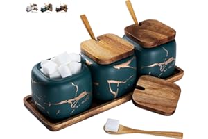 TELANKS Set Zuccheriera in Ceramica, 3 pz Condimento Box con Coperchio e Cucchiaio e Vassoio, Spezia Jar Cucina Scatola Barattolo di Spezie, Utensili da Cucina Forniture per Spezie, Verde