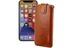 Suncase ECHT Ledertasche Leder Etui Tasche kompatibel mit iPhone 13 Mini (5.4") Hülle (mit Rückzugsfunktion und Magnetverschluss) Cognac