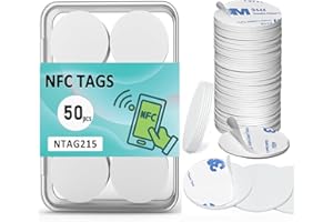 KAIYOCA NFC Tags Sticker 50Pcs, NTAG215 Chip NFC Stickers Coin Card with Adhesive Back, RFID Stickers Rewritable, 504 Bytes Memory, Programmable NFC Blank Card Compatible with TagMo and Amiibo