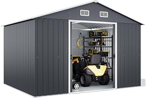TRIUMPHKEY Gartenhaus Metall mit Boden Gerätehaus XXXL 300x255x202cm Geräteschuppen Metall Gartenschuppen Größen Schiebetür Fundament Fenster Schuppen Stahl Gartenschrank Gartenhäuser(Grau)