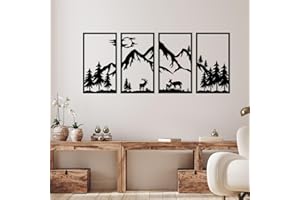 DUOOLN 4 Stück Metall Bergblick Wanddekoration，Schwarze Linie Malerei Wandbehang，Abstraktes Minimalistisches Rustikales Natürliches Haus Wandschild Garten Home Decor Skulptur