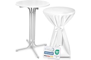 ‎BEAUTISSU Beautissu Weißer Stehtisch klappbar 70 cm mit Premium Stehtischhusse Weiß & Schleifenband – Wetterbeständig Outdoor Bistrotisch rund Kratzfest UV-beständig – Husse rutschfest waschbar – Bellini