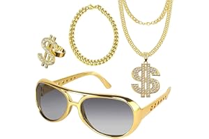 KIKVTER 4 Stück Dollar Kette set, Hip Hop Kostüm Set, Hip Hop Kostüm Accessories, Dollar Zeichen Halskette Ringe Sonnenbrille Goldkette Set, Hiphop Schmuck für 80s/90s Herren Fasching Karneval Party