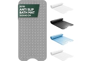 Zuvo Halkfri badkarsmatta i PVC, 100 x 40 cm, grå, med sugkoppar | Extra lång matta för badkar och dusch med sugkoppar och dräneringshål; mögelresistent PVC, maskintvättbar