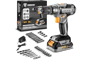 DEKOPRO 20V Akku-Bohrmaschine: Kabelloser Bohrschrauber mit LED, 2 Geschwindigkeiten, 18+1 Drehmomenteinstellungen, 1,5 Ah Akku, Ladegerät, Bohrer-Set