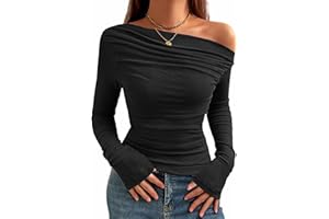 TrendiMax T-Shirt à Manches Longues et col Bateau froncé élégant et ajusté pour Femme dénudées pour Femme Jersey Manches Longues Tunkia Décontracté Couleur Unie