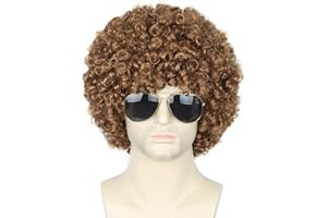 Topcosplay 3-Pack Men's Wigs: 70s 80s Disco Dude & Dirt Bag Afro Shaggy Wigs - Blonde, Mixed Black (Light Brown) with Moustache Necklace