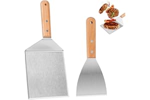 FONYET 2 szt. szpatułka do grilla ze stali nierdzewnej szpatułka szpatułka kuchenna z drewnianymi uchwytami do prasy do hamburgerów, teppanyaki, grilla, steku, pizzy