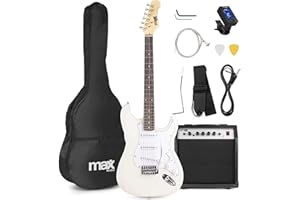 Beginner Electric Guitar & 40W Amp Package - Max GIGKIT White Complete S-Style Starter Set with Accessories, AUX Input, Headphone Output & Free Lessons Included