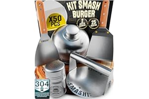 SMASHI BURGER SMASHI® Smash Burger Kit Profesional Acero Inoxidable 304 Certificado EU Contacto Alimentos | Prensa Hamburguesas + 2 Espátulas con Mango de Madera + Accesorios | Incluye 25 Recetas (AVANZADO)