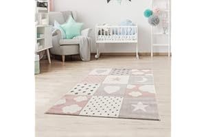 JIMRI Fashion4Home Alfombra Infantil para la habitación de los niños, diseño de Patchwork con Corazones, Estrellas, Nubes, Color: Azul, Gris y Rosa