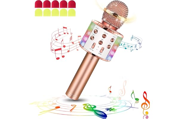 laqula Microphone de Karphone Bluetooth sans Fil avec des Lumières LED Portables Chant de la Machine de Haut-Parleur Karaoké Toys pour Enfants Adultes (Champagne, 10 Housses de Microphone Jetables)