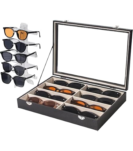 Étui De Présentation Verrouillable Pour 24 Lunettes - Cuir Synthétique Beige - Couvercle En Verre Transparent - 3 Niveaux - Dimensions 33,6 X 24,8 X 22,3 Cm
