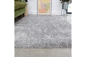THE RUG HOUSE Silver Thick Shaggy Rug Light Grey Modern Durable Super Soft Fluffy Shag Rugs Living Room Area Bedroom 120cm x 170cm