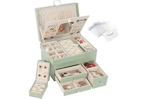 Casiwaft Jewellery Box Organiser, 3 Layers Large PU Jewelry Storage Case with Portable Case, Jewellery Box with Removable Tray and Mirror for Necklace Earring Ring Watch, Avocado Green