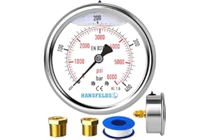 Hansfelds Manómetro de 0-400bar con relleno de líquido, montaje trasero BSP de 1/4'', esfera de 63 mm, caja de acero inoxidable, latón interno y conexión, escala dual bar/psi, precisión de 1,6