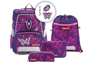 Step by Step Schulranzen-Set Space Shine Butterfly Night Ina, 5-teilig, lila, ergonomischer Tornister mit Reflektoren, höhenverstellbar mit Hüftgurt, ab der 1. bis 4. Klasse, 20l