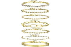 Emibele Gold Chain Bracelets Set for Women Girls, 14K Real Gold Plated Link Chain Bracelets Layered Paperclip Chain Tennis Beaded Figaro Adjustable Stack Bracelets Fashion Jewelry 7Pcs