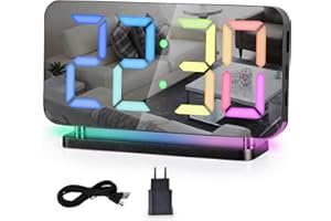 SZELAM Digitaler Wecker, RGB-Wecker für den Nachttisch, 7.4'' LED-Spiegeluhr mit USB-Ladeanschluss, 10 Modi RGB-Nachtlicht, 11 Farben LED-Anzeige, automatische Dimmung, Schwarz, (EN8853)
