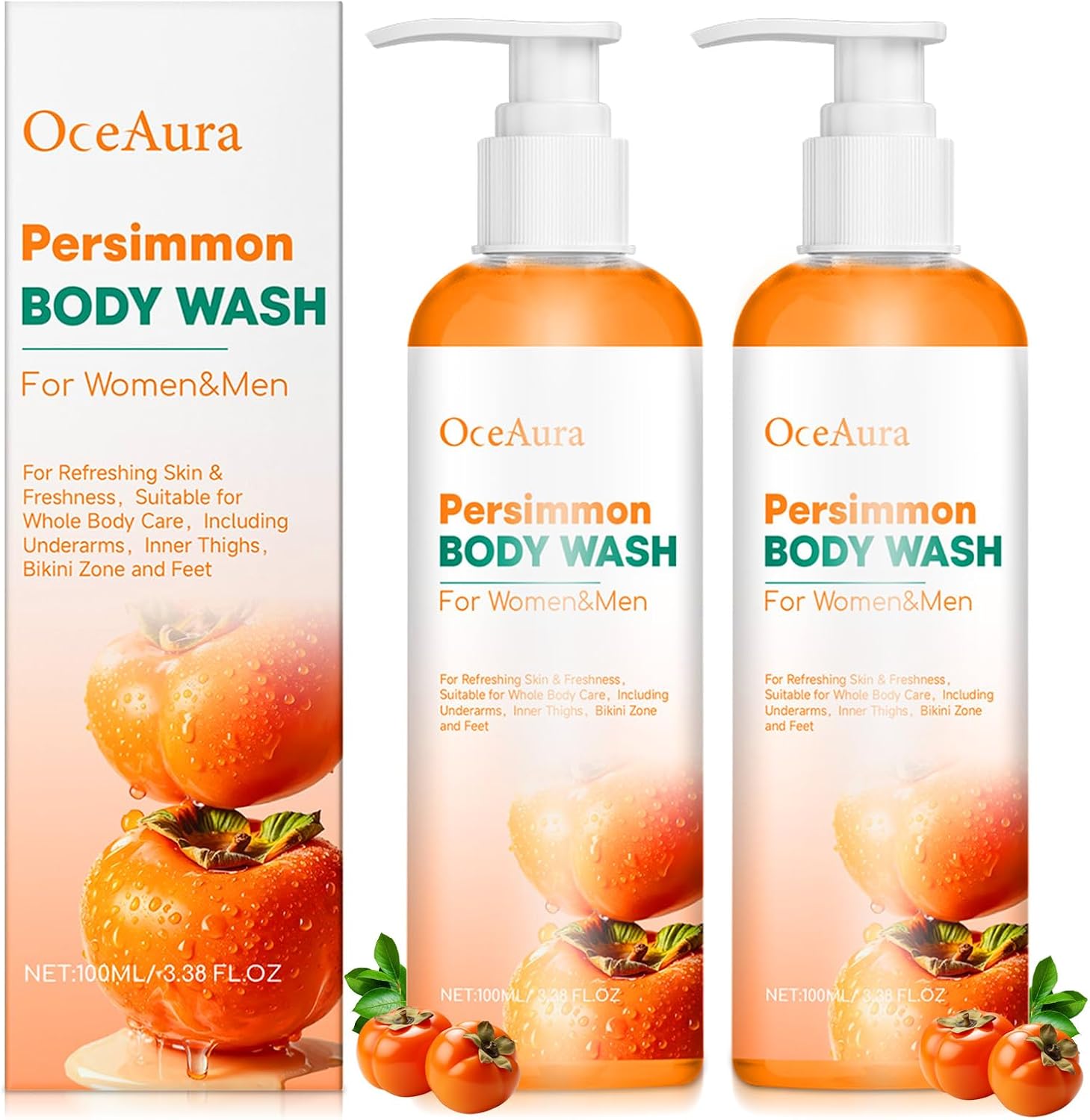 2 Persimmon Body Wash,Gel de Ducha de Caqui,Jabón Corporal de Caqui y Té Verde,Gel de Baño de Limpieza Profunda Hidratante Natural Eliminador de Olores