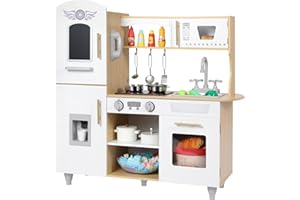 MAMIZO Cucina Bambini Legno, con Pentole e padelle, Telefono, Lavello, Fornelli, Macchina del Ghiaccio, Cucina Giocattolo per Bambini con Luci e Suoni, 79x82x30 cm, Gioco di Ruolo, Colore Legno