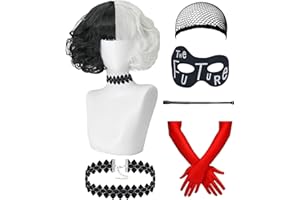 ENENBLAU Perücke für Cruella Deville Frauen+Handschuhe+ Perückenkappe+Maske+Holder+Halskette Set, Kurz Schwarz Weiß Cosplay Perücken mit Pony für Karneval Halloween Cosplay Party Fancy Dress 024A