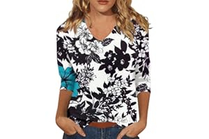 SCBFDI Lange Shirts Mit Leggings Zu Tragen, 3/4 Ärmel Tunika Tops für Frauen Florale Grafik V-Ausschnitt-T-Shirts Lässige Streetwear für Die Arbeit