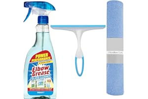 KUNWELY Glass & Window Cleaner Kit - Elbow Grease Glass Cleaner Spray With Vinegar 500 Ml + Multi-purpose Squeegee + 3 Microfiber Cloth - Ideal For Streak-free Windows, Glass Surfaces And Bathroom Mirror