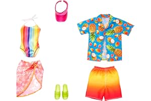 Barbie & Ken Fashions 2-pack kläder och accessoarer set, 1 baddräkt, Sarong & Visir för Barbie-docka och 1 tropisk skjorta, b