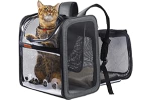 KIEPOAR Sac de Transport pour Chats Chiens Chiots, Sac à Dos Extensible Transparent Respirante Pliable, Panier Stable pour Voyage en Train Voiture Avion pour Petits Animaux 10kg avec Matelas en Peluche (Gris)