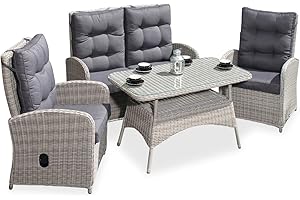 ‎GREEN SPIRIT Green Spirit - Garten Sitzgruppe Monte Carlo - Grau, Polyrattan, für 4 Personen, Sicherheitsglas, Wetterfest, Gartenmöbel-Set mit Bank, Tisch, 2 Sessel