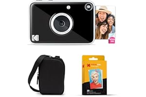 KODAK Printomatic+ Instant Print Digital Camera Starter Bundle + Carrying Case + Zink 20pk Sticky-Back Photo Paper - 10MP, Full-Color Photos, GB LED Status Indicator - Black