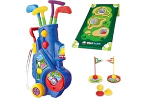 Kidow Toys Kids Golf Clubs Set, Toddler Golf Set with 4 Balls, Cornhole Board Rack, Putting Mat & Cart; Complete Kids Golf Set Mini Golf Set For Ages 3-9, Indoor & Outdoor Sports Toys for Boys & Girls