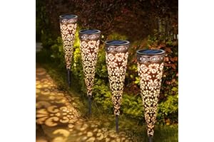 GÖRVITOR Görvitor 4 sztuki metalowych lamp solarnych w stylu vintage, klasa wodoszczelności IP65, do użytku na zewnątrz, ciepła biel, solarne lampy ogrodowe z ostrzem do wbijania w ziemię, dekoracja na taras,