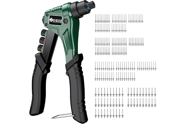 JiGiU Pince à Rivets 4 en 1 avec 200 Rivets, Riveteuse Manuelle Professionnel 20cm/8" en Aluminium, Kit de Pince à Riveter Ensemble Rivets Aveugles avec 4 Têtes de Rivets Interchangeables