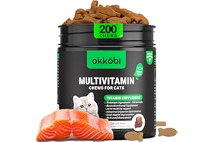 OKKÖBI Cat Vitamins for Indoor & Outdoor Pets - 200 Chews - Healthy Cat Treats - Immune, Joint Support, Skin & Digestion - Multivitamin with Omega 3s, Glucosamine & Probiotics