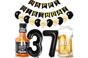 Conruich Geburtstagsdeko 37 Jahre Mann Frau, Luftballon 37. Geburtstag Deko Mann, Folienballon Zahl 37 Schwarz, Helium Ballon Whiskey Bierglas für 37. Geburtstag Manner Party Dekoration