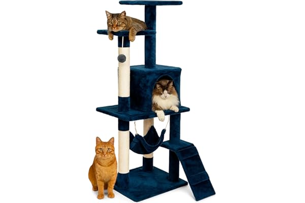 Edipets, Rascador para Gatos, Arbol Gato, 3 Niveles, 56x120x58cm, Alto, Postes de Sisal, Hamaca, con Cama, Caseta, Suave, con Bolas para Jugar (Azul)