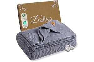 ‎DALISA Dalisa 100% Organic Cotton Blanket Made of Turkish Cotton GOTS Certified, Thick, Cosy and Chunky Perfect for Couch, Bed and Home Decoration - Boho Vintage Knit Alina (Blue, 150 x 200 cm)