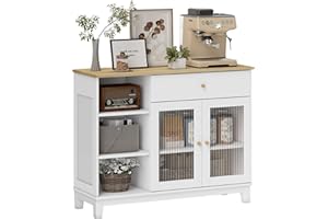 HOMCOM Aparador para Salón Moderno con 2 Puertas de Vidrio Estriado, Cajón, Compartimentos Abiertos y Estantes Regulables, Aparador para Comedor y Entrada, 100x35x80,3 cm Blanco