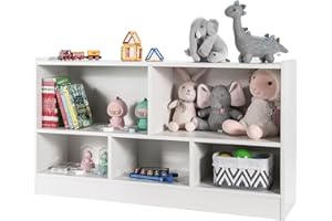 COSTWAY Drewniana szafka na zabawki dla dzieci, regał na zabawki z 2 dużymi półkami i 3 małymi przegródkami, otwarty, regał dziecięcy na zabawki, lalki i książki, 111 x 30 x 61,5 cm, biała
