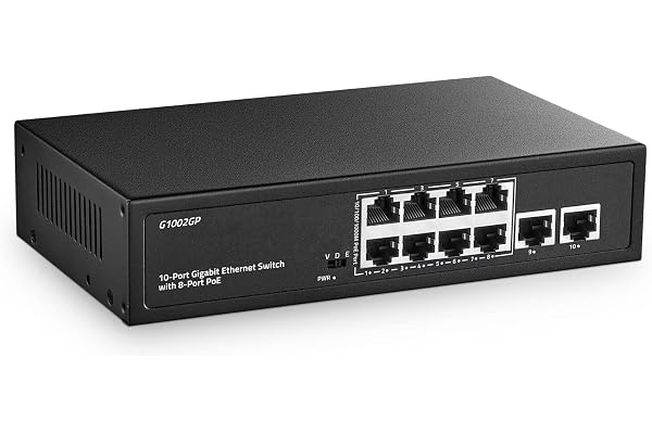 10 Port Gigabit PoE Switch, 8 Port PoE+ and 2 Uplink, 10/100/1000Mbps, IEEE802.3af/at Max 120W, Fanless Unmanaged Plug&Play Ethernet Switch