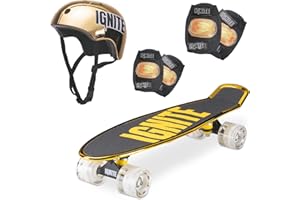 MONDO Toys-Chroma Gold Combo Pack-Monopatín Flash LED Ruedas | Casco & Protections Included – 25568 Street Ignite Poliuretano-Skate Protecciones oro-25568, tamaño único, Color, 55 x 15