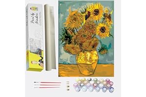 DonElton Dipingere con i numeri per adulti Van Gogh Girasole – Dipingere fai da te con i numeri fiori – Tela prestampata con 3 pennelli e colori colorati – 40 x 50 cm senza cornice