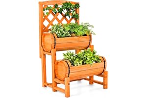 ‎COSTWAY COSTWAY Hochbeet aus Holz, Blumenkasten mit Rankhilfe für Kletterpflanzen, Gartenbeet mit 2 zylindrischen Pflanzkästen & Spalier, Gemüsebeet für Garten, Terrasse, Balkon, Orange