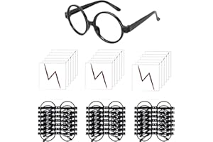 HCSUI Lot de 20 paires de lunettes de magicien avec cadre rond noir sans lentilles et 20 tatouages éclair pour Halloween St. Patrick's Day Cosplay Party Costumes Accessoires