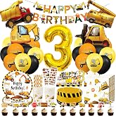 Excavator Birthday Decoration 3 Years, Construction Party Tableware for Children 3 Years with Balloons Vehicles, Candle 3 Yea