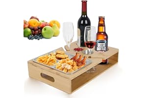 LeuKoles Couch Bar, Sofa Tray Snack Box, Holzer Couch-Organizer mit 304 Edelstahl-Snackschalen, Träger für Getränke, Snacks und Weingläser, Sofa Butler für Wohnzimmercouch, Picknick, Party (Typ-B)